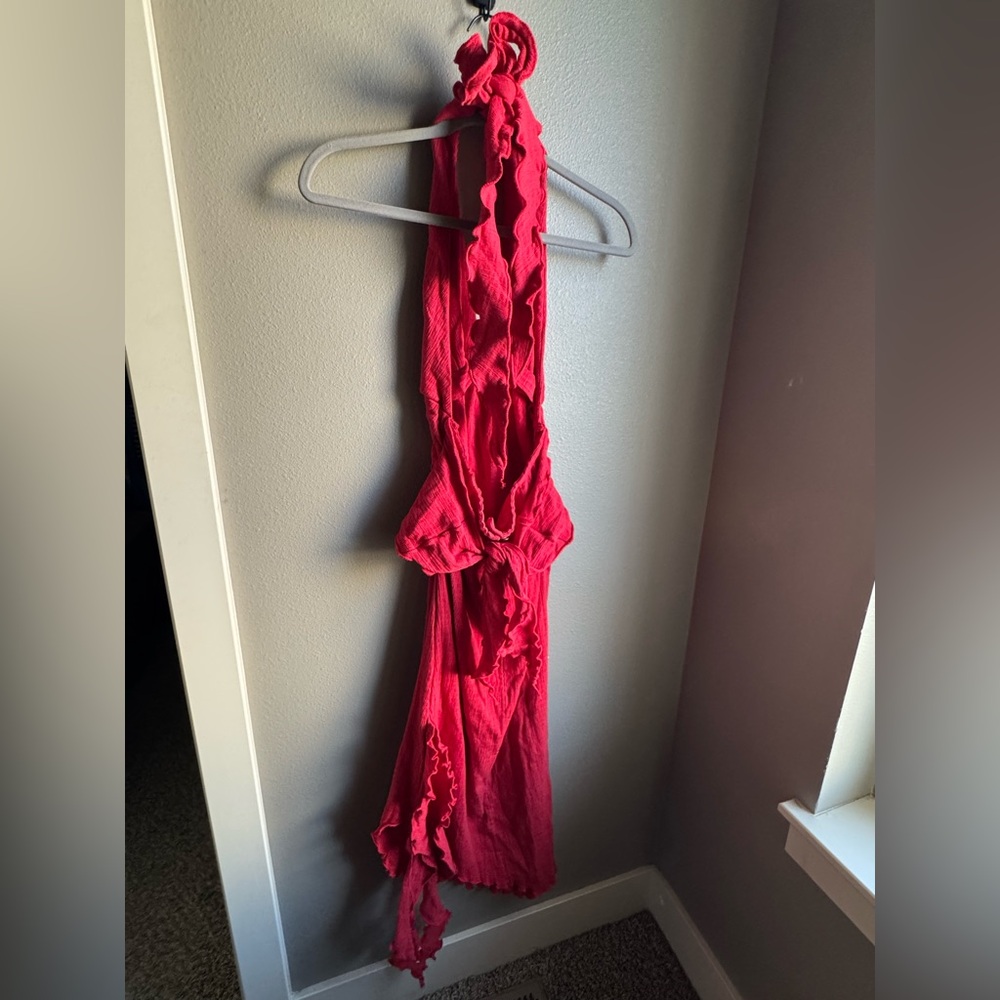 NEW Free People TAKE A DIP Midi Halter Tie Back Dress in Lychee Red Size L NWOT - Picture 5 of 9